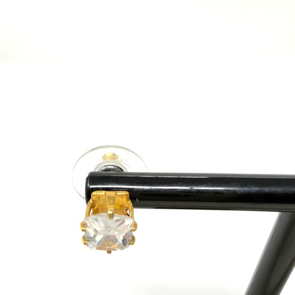 Gold Tone Cubic Zirconia Stud Earrings Square Cut Clear - Picture 4 of 8